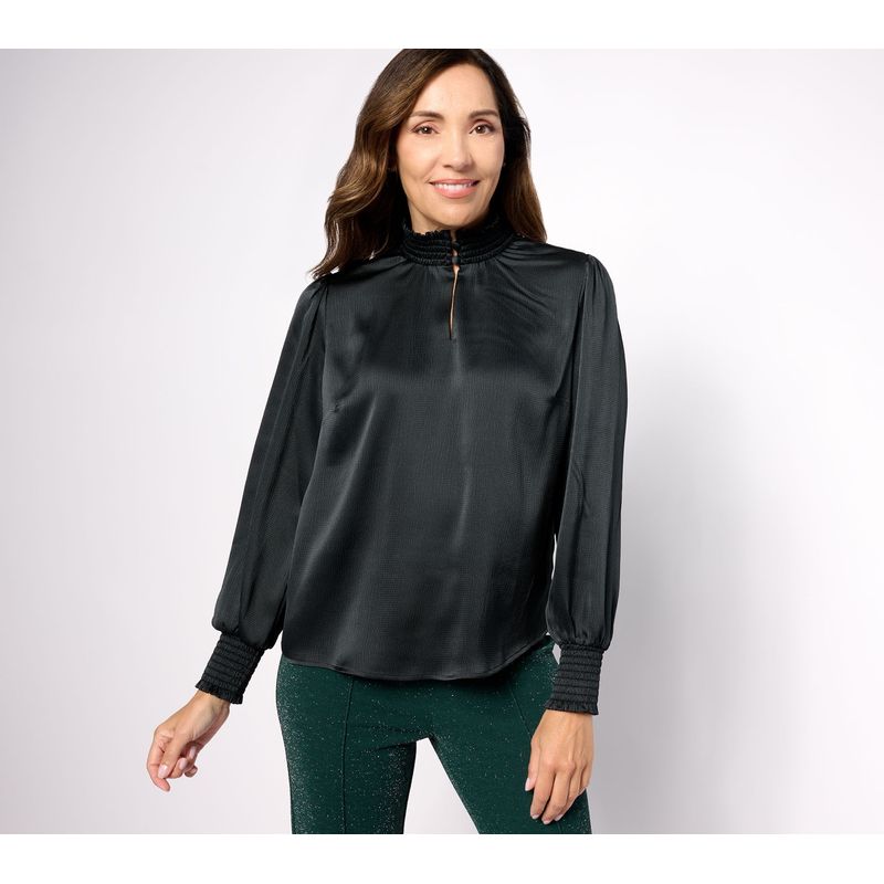 Isaac Mizrahi Live! Women's Top Plus Sz 20 Pebble Satin High Neck Black A624658